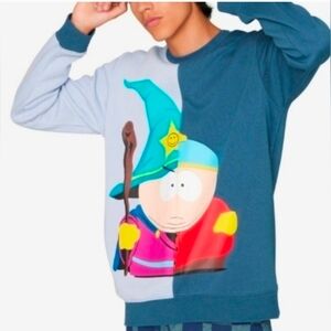 South Park Cartman Wizard Graphic Crewneck Sweatshirt - Teal & Light Blue SMALL